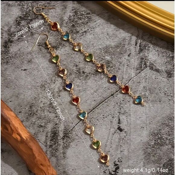 Silver Multicolor Rhinestone Heart Dangle Earrings - Picture 3 of 3